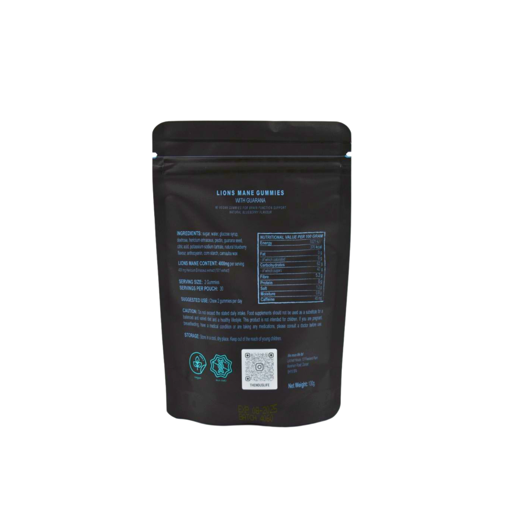 Back view of The Nous Life Focus Gummies pouch displaying supplement facts and ingredients