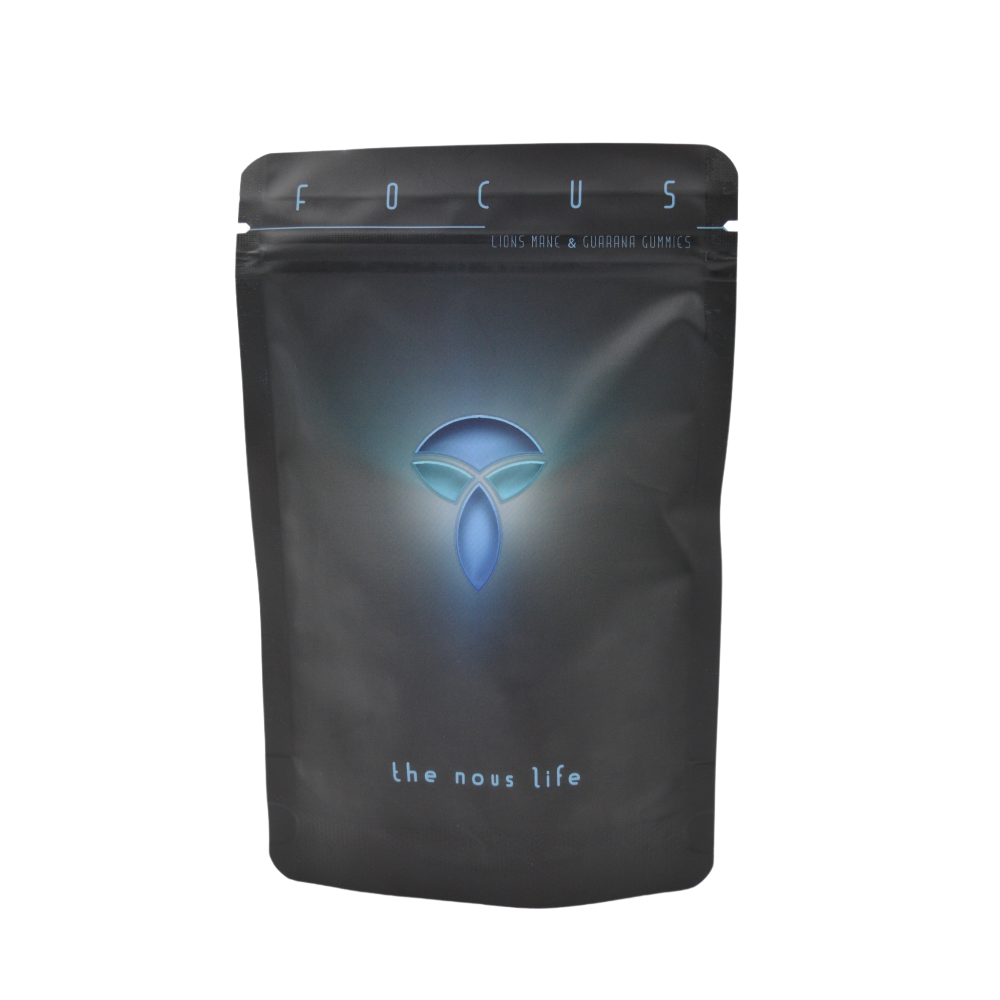 Front view of The Nous Life Lion’s Mane & Guarana Focus Gummies pouch