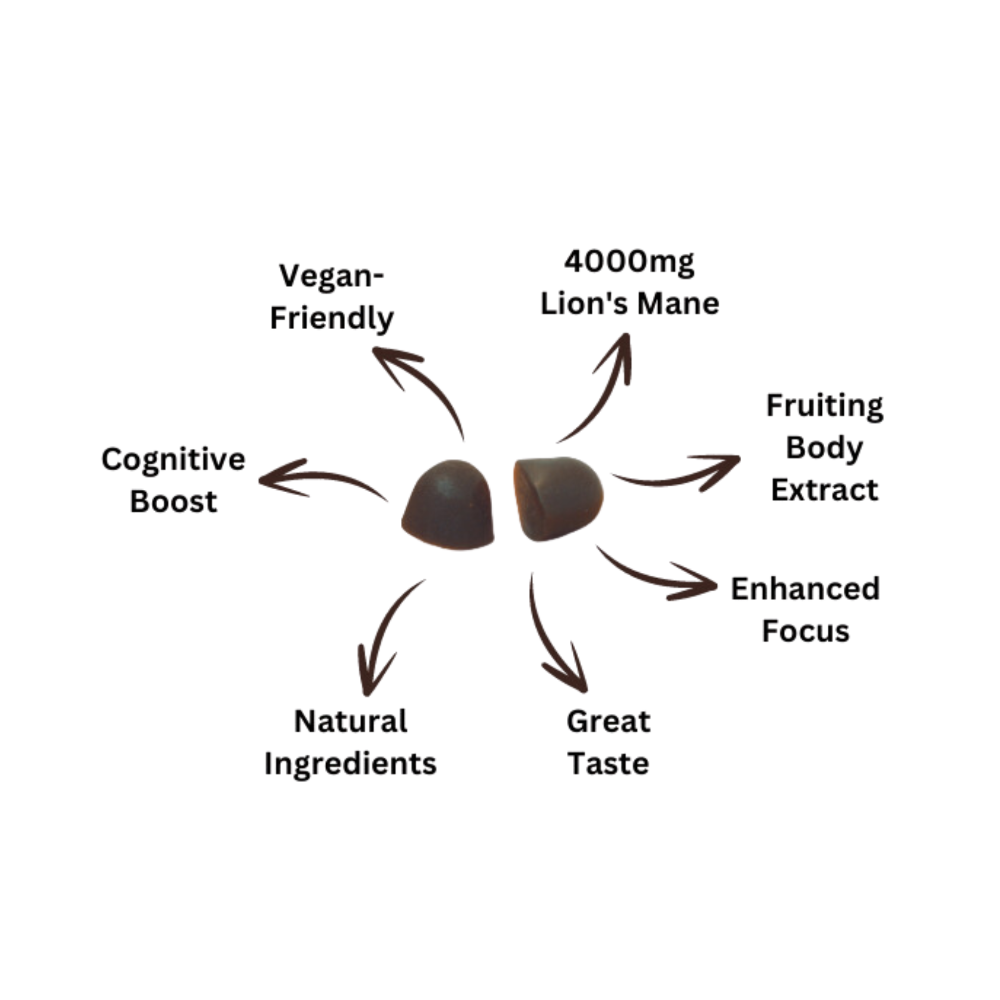 Product information sheet for The Nous Life Focus Gummies, highlighting benefits and ingredients